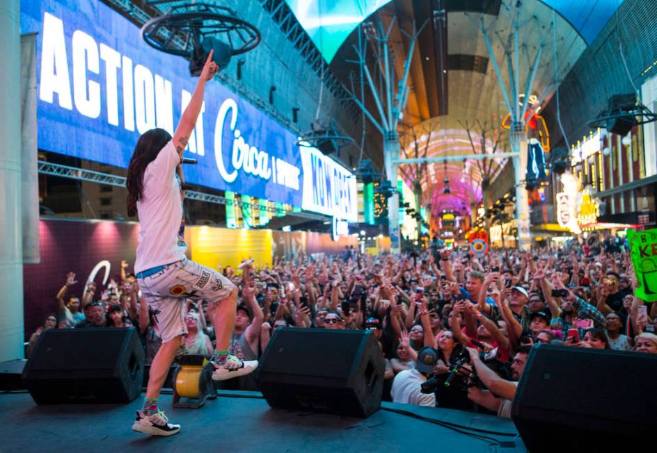 Steve Aoki performs on the Main Street Stage at the Fremont Street Experience after the debut o ...