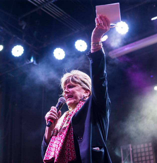 Las Vegas Mayor Carolyn Goodman speaks before a performance by Steve Aoki at the Fremont Street ...