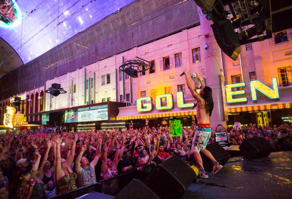 Steve Aoki performs on the Main Street Stage at the Fremont Street Experience after the debut o ...