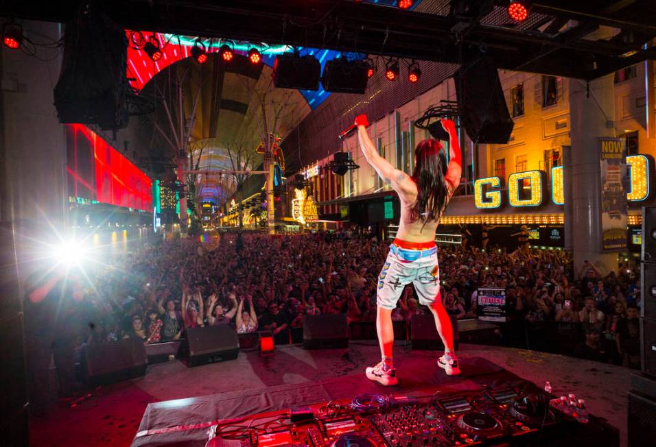 Steve Aoki performs on the Main Street Stage at the Fremont Street Experience after the debut o ...