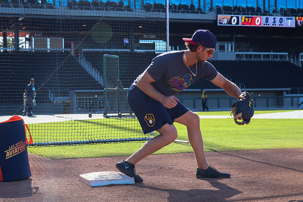 Former Sierra Vista standout Jake Hager warms up during his first visit to Las Vegas Ballpark i ...