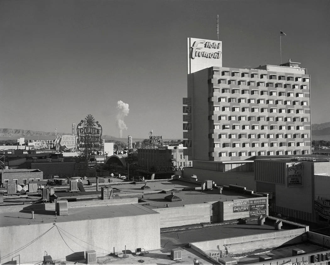 In this June 24, 1957, Las Vegas News Bureau's photo, a mushroom cloud is seen from the roof-to ...