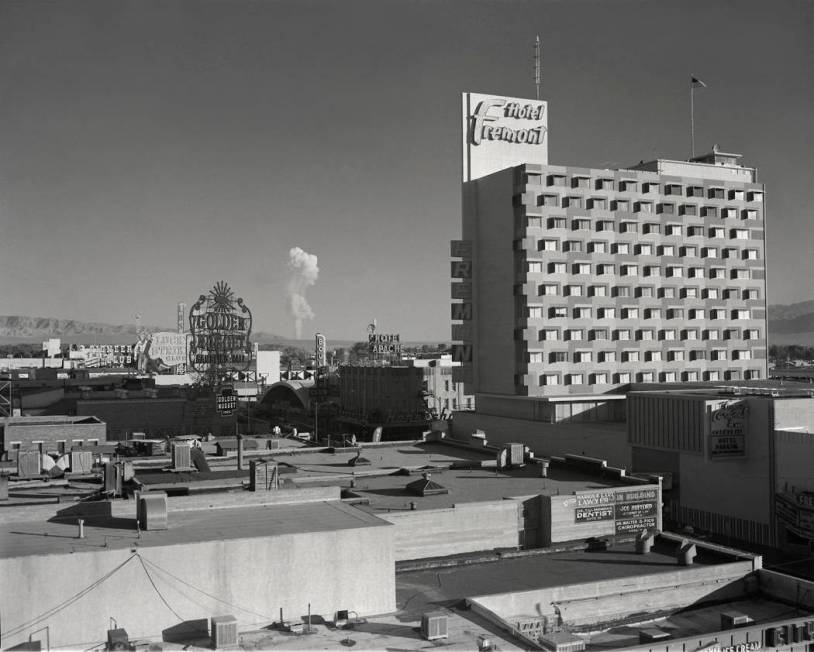 In this June 24, 1957, Las Vegas News Bureau's photo, a mushroom cloud is seen from the roof-to ...