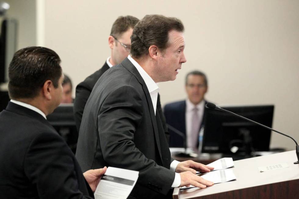 Alex Meruelo, right, and his team appear before the Gaming Control Board in the Sawyer Building ...