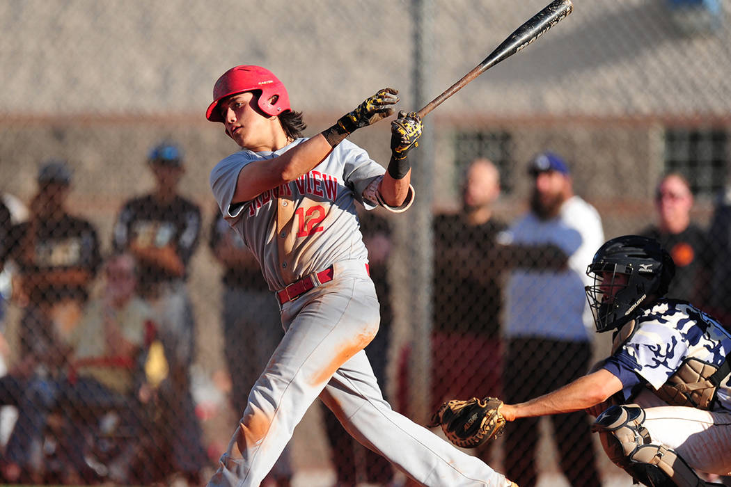 Arbor View shortstop Nick Quintana hits an RBI double against Shadow Ridge in the seventh innin ...