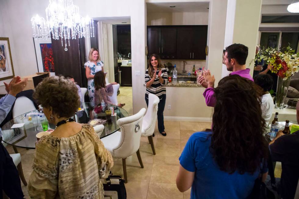 Las Vegas City Council Ward 2 candidate Victoria Seaman, a former Nevada assemblywoman, center, ...