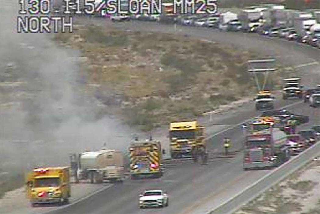 Vehicle fire on southbound Interstate 15 near St. Rose Parkway, Monday, June 10, 2019. (RTC Cam ...