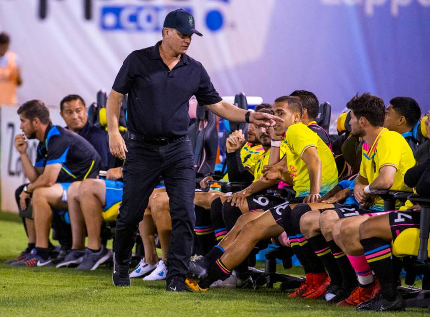 Las Vegas Lights FC head coach Eric Wynalda has a few words for a player on the bench during th ...