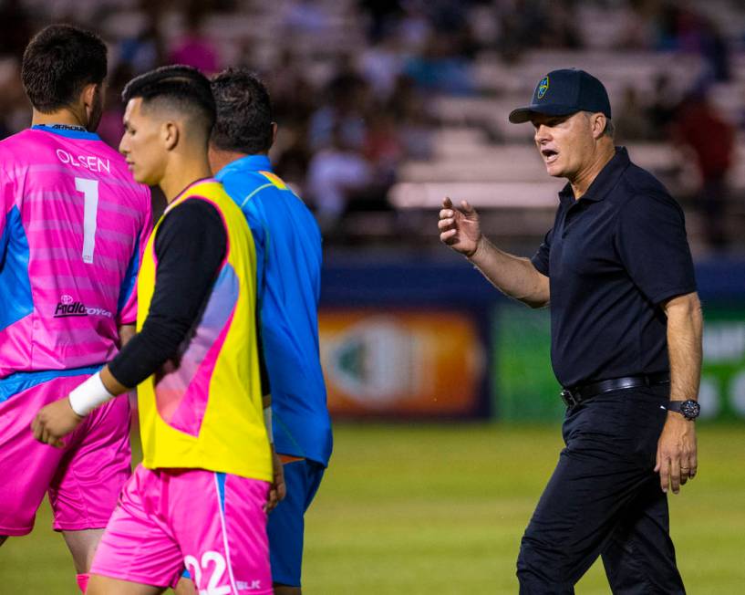 Las Vegas Lights FC goalkeeper Thomas Olsen (1) looks back and listens to head coach Eric Wynal ...