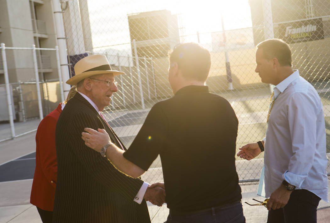 Former Mayor Oscar Goodman, with Mayor Carolyn Goodman, to the left, is greeted by Brett Lashbr ...