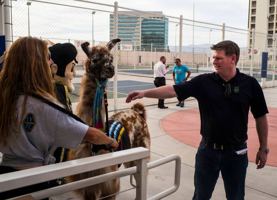 Brett Lashbrook, owner and CEO of Lights FC, greets a llama while preparing for the team's phot ...