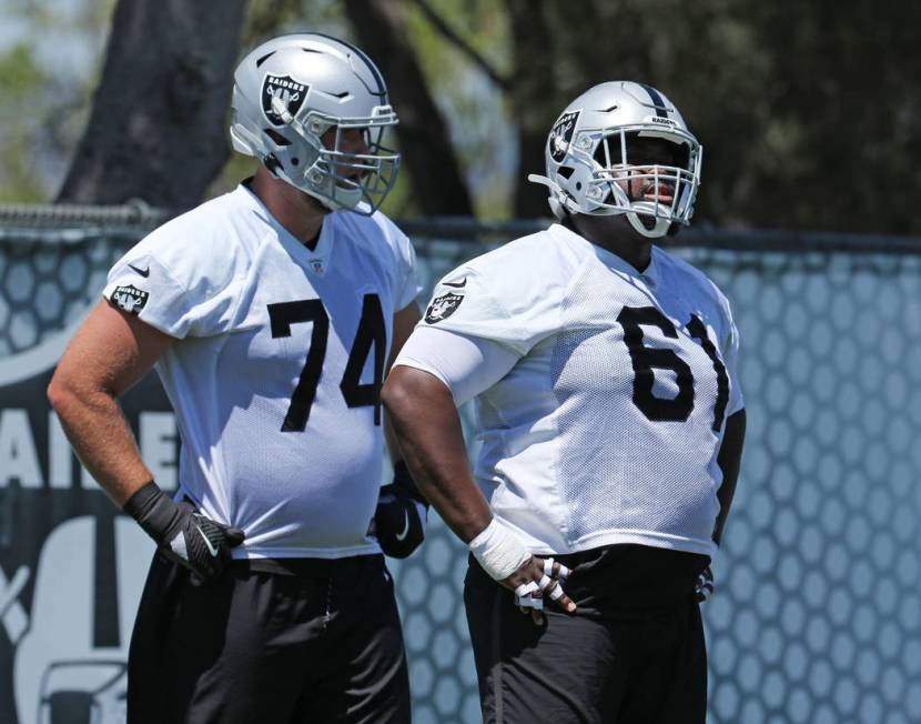 Oakland Raiders offensive tackle Kolton Miller (74) and center Rodney Hudson (61) rest between ...