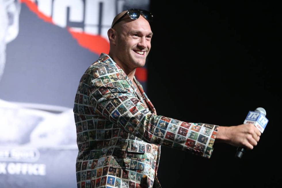 Tyson Fury during a press conference for his upcoming boxing fight at the MGM Grand hotel-casin ...