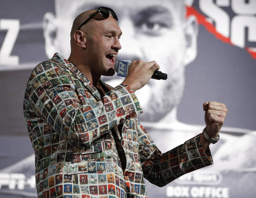 Tyson Fury, of England, speaks during a news conference, Wednesday, June 12, 2019, in Las Vegas ...