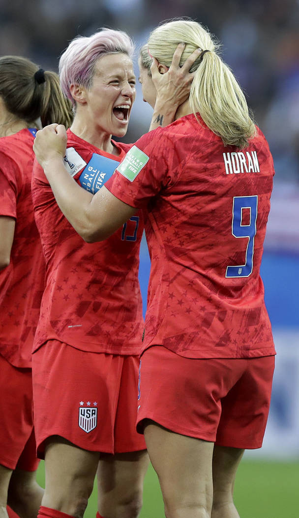 United States' scorer Lindsey Horan, right, and her teammate Megan Rapinoe, left, celebrate the ...