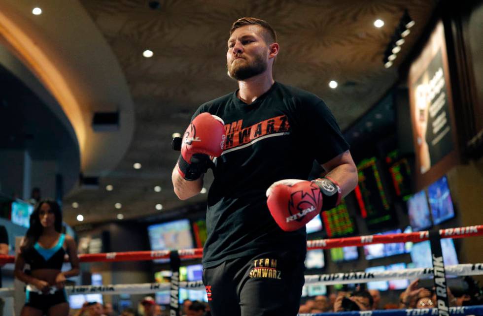 Tom Schwarz, of Germany, works out for fans and the media Tuesday, June 11, 2019, in Las Vegas. ...