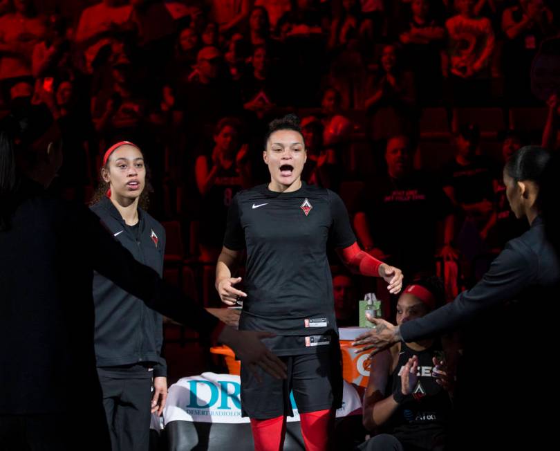 Las Vegas Aces guard Kayla McBride (21) is announced before the start of Vegas' home game with ...