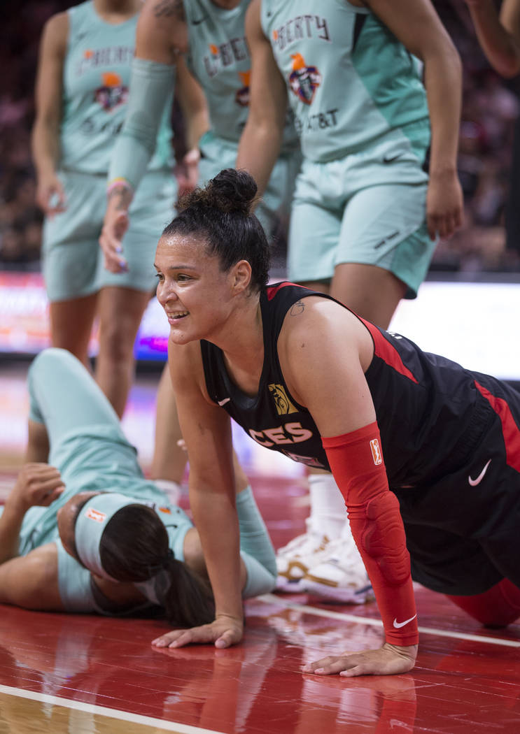 Las Vegas Aces guard Kayla McBride (21) smiles after scoring and being fouled in the second qua ...