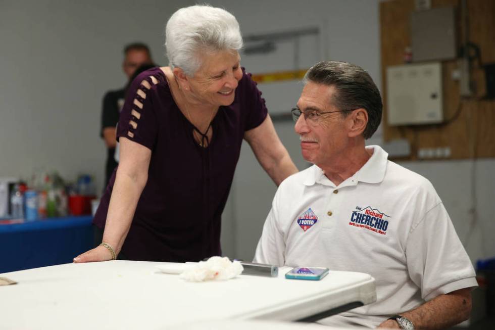 North Las Vegas Ward 4 incumbent councilman Richard Cherchio, right, with his wife, Gloria, dur ...