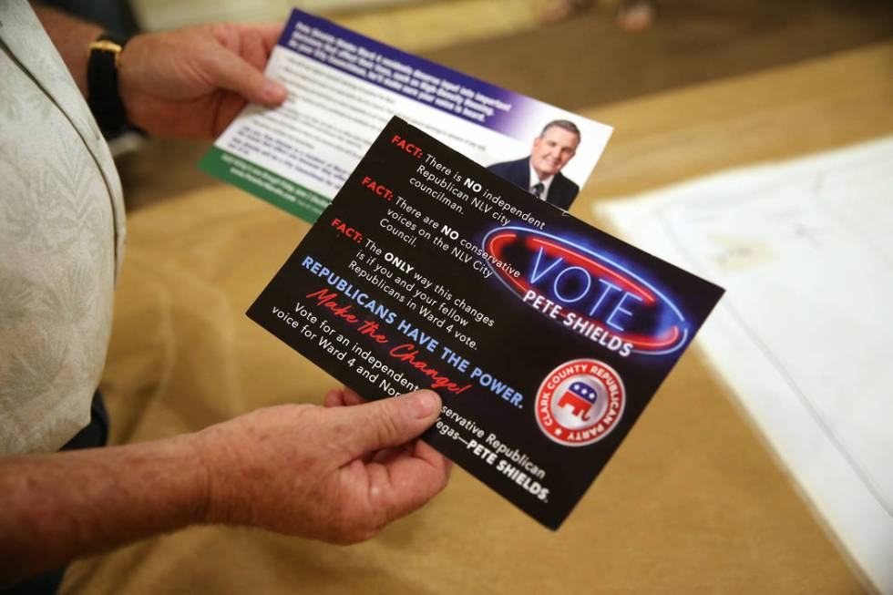 North Las Vegas Ward 4 candidate Pete Shields shows his campaign flyers at his home in North La ...