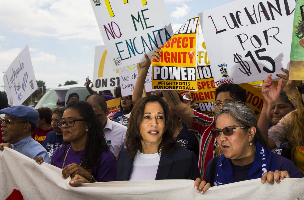 U.S. Sen. Kamala Harris, D-Calif., a Democratic presidential hopeful, joins workers on strike i ...