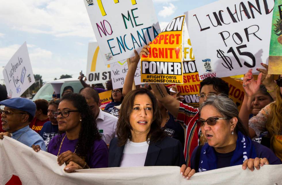U.S. Sen. Kamala Harris, D-Calif., a Democratic presidential hopeful, joins workers on strike i ...