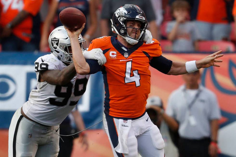 Denver Broncos quarterback Case Keenum (4) is pressured by Oakland Raiders defensive end Arden ...