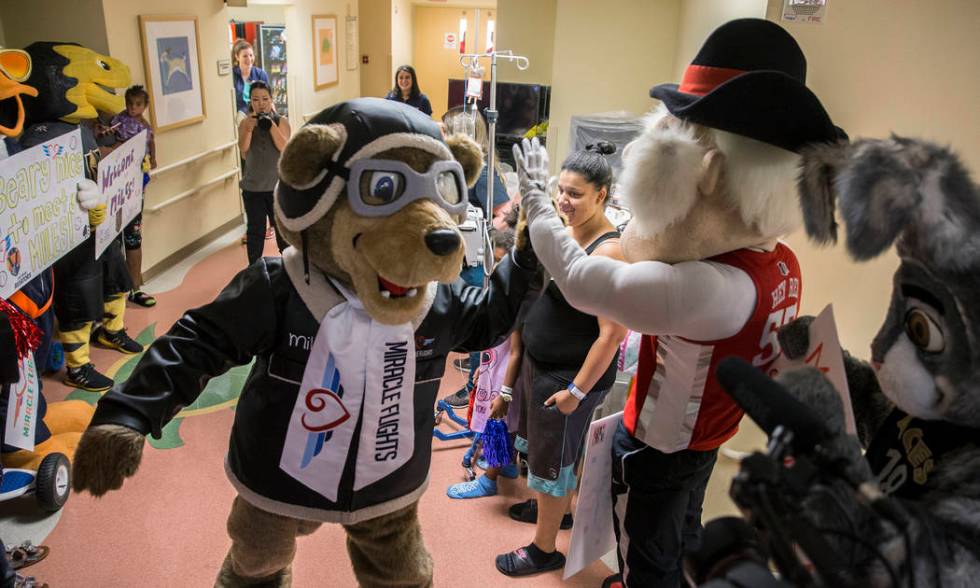 Miles the Miracle Flights Bear, the new mascot for Miracle Flights, greets UNLV's Hey Reb! duri ...