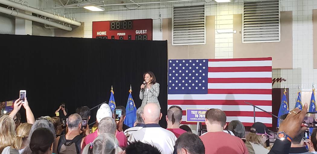 Sen. Kamala Harris, a 2020 presidential candidate, speaks at a Doolittle Community Center rally ...
