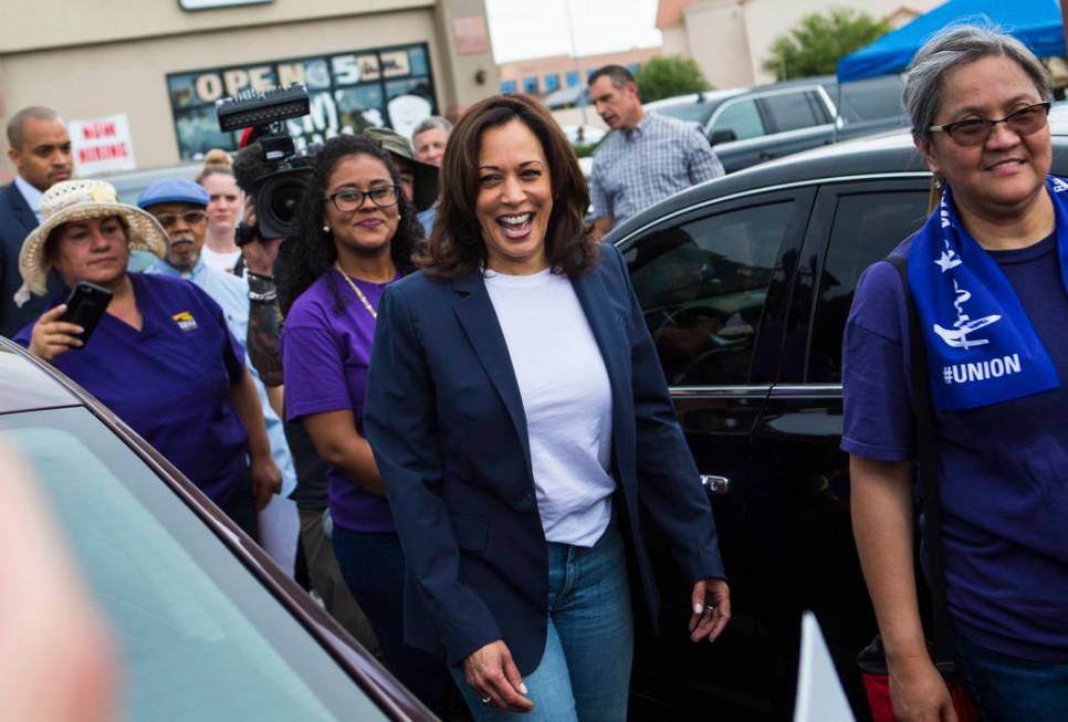 U.S. Sen. Kamala Harris, D-Calif., a Democratic presidential hopeful, greets workers on strike ...