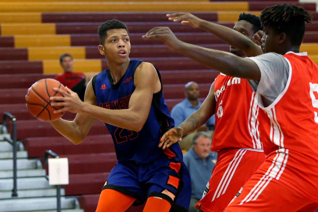 Las Vegas Knicks guard Nick Blake (23) looks for an open pass during his basketball game at Del ...