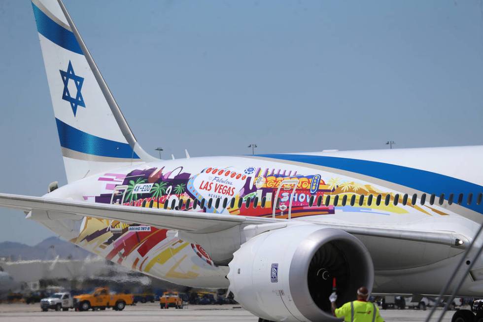 An El Al Israel Airlines flight makes their first flight landing from Tel Aviv, Israel to McCar ...