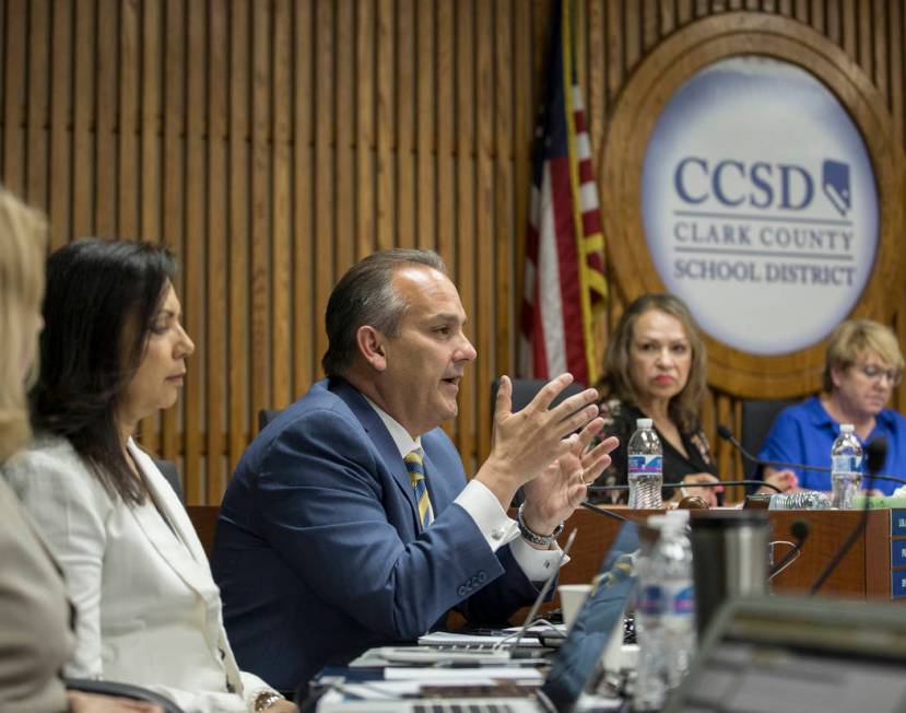 Clark County School Superintendent Dr. Jesus Jara, third from left, addresses the Clark County ...