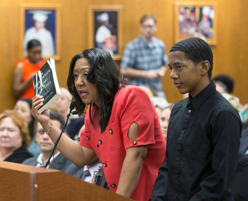 Cristal Boisseau, left, dean of students at Shadow Ridge High School, addresses the Clark Count ...