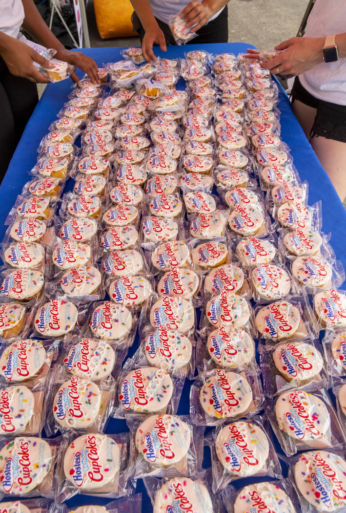 Hostess Birthday Cupcakes are spread onto a sampling table while on a stop at the Hoover Dam in ...