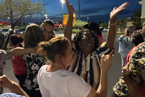 Worker's at Sunset Station celebrate after voting to unionize on Thursday, June 13, 2019. (Culi ...