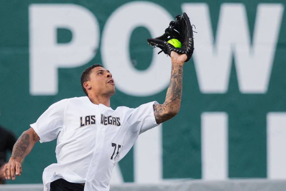 Golden Knights right wing Ryan Reaves makes a catch in left field during the Battle For Vegas C ...