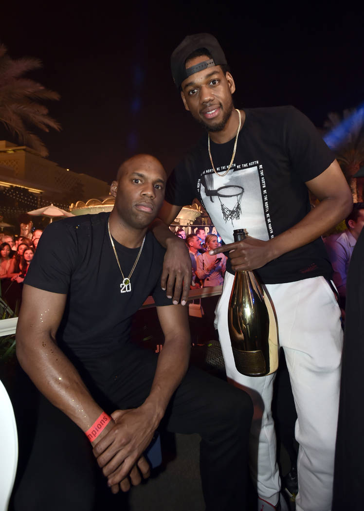 LAS VEGAS, NEVADA - JUNE 14: Jodie Meeks (L) and Jordan Loyd of the Toronto Raptors celebrate t ...