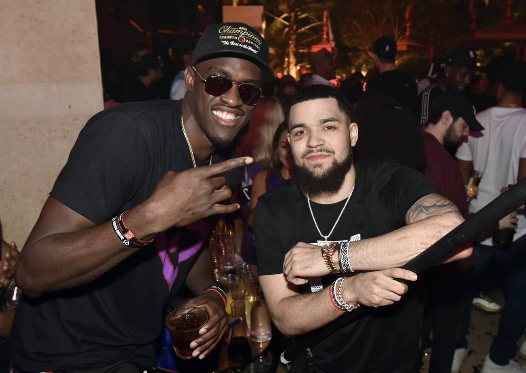 LAS VEGAS, NEVADA - JUNE 14: Pascal Siakam (L) and Fred VanVleet of the Toronto Raptors celebr ...