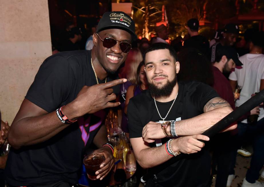 LAS VEGAS, NEVADA - JUNE 14: Pascal Siakam (L) and Fred VanVleet of the Toronto Raptors celebr ...