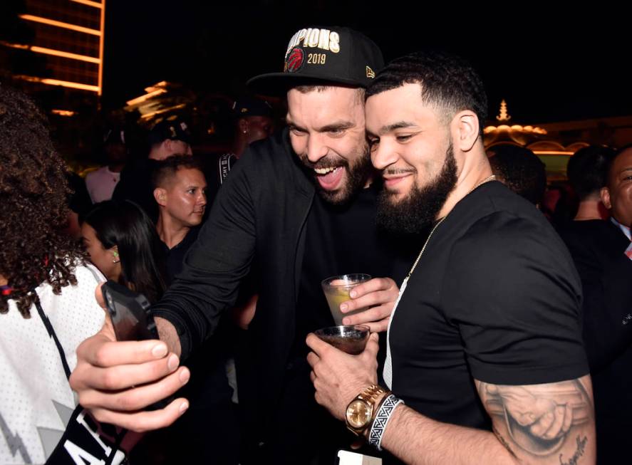 LAS VEGAS, NEVADA - JUNE 14: Marc Gasol (L) and Fred VanVleet of the Toronto Raptors celebrate ...