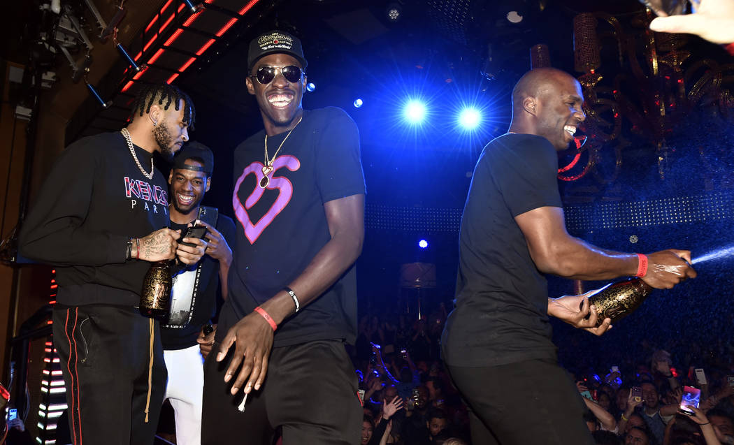 LAS VEGAS, NEVADA - JUNE 14: (L-R) Eric Moreland, Jordan Loyd, Pascal Siakam and Jodie Meeks o ...