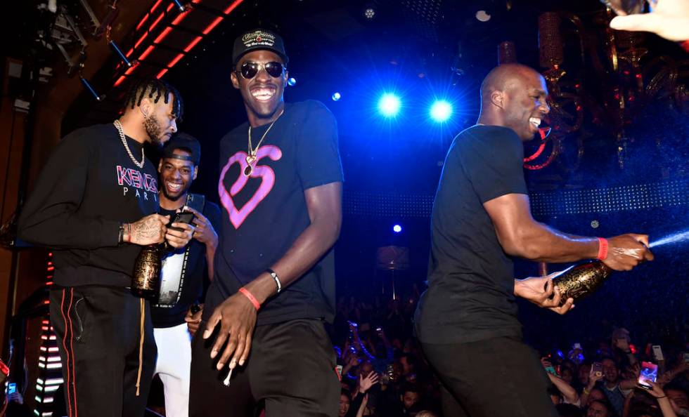 LAS VEGAS, NEVADA - JUNE 14: (L-R) Eric Moreland, Jordan Loyd, Pascal Siakam and Jodie Meeks o ...