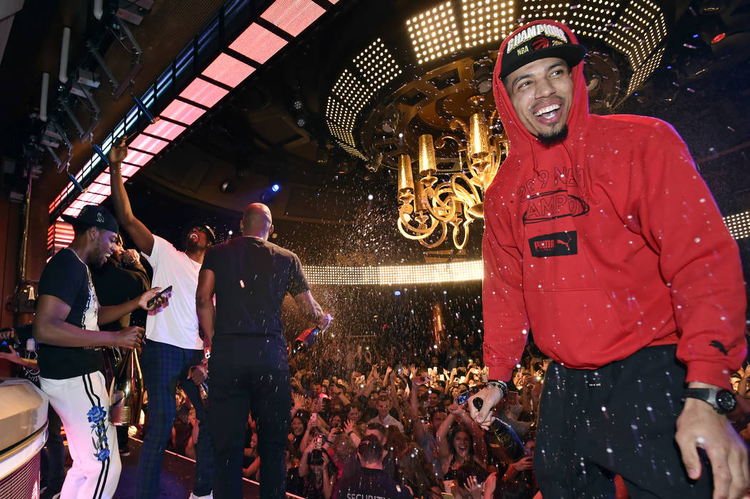 LAS VEGAS, NEVADA - JUNE 14: Danny Green (R) of the Toronto Raptors celebrates the team's NBA ...