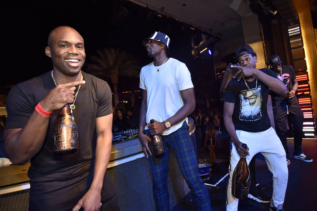 LAS VEGAS, NEVADA - JUNE 14: (L-R) Jodie Meeks, Serge Ibaka and Jordan Loyd of the Toronto Rapt ...