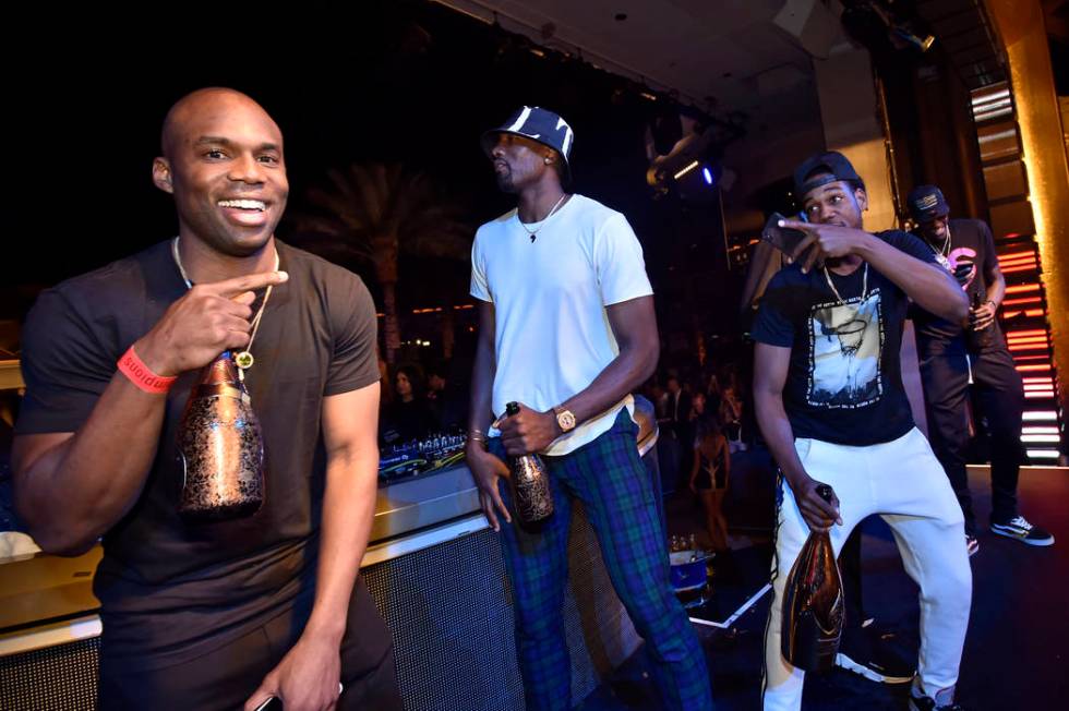 LAS VEGAS, NEVADA - JUNE 14: (L-R) Jodie Meeks, Serge Ibaka and Jordan Loyd of the Toronto Rapt ...