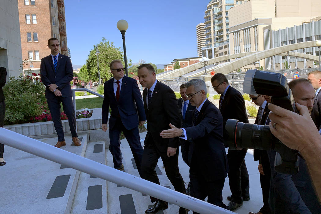 President Andrzej Duda of Poland arrives with his delegation at the Old Post Office in Reno Sat ...