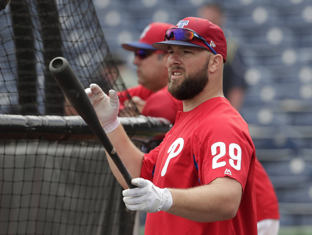 Philadelphia Phillies' Cameron Rupp (29) waits to hit during batting practice before a baseball ...