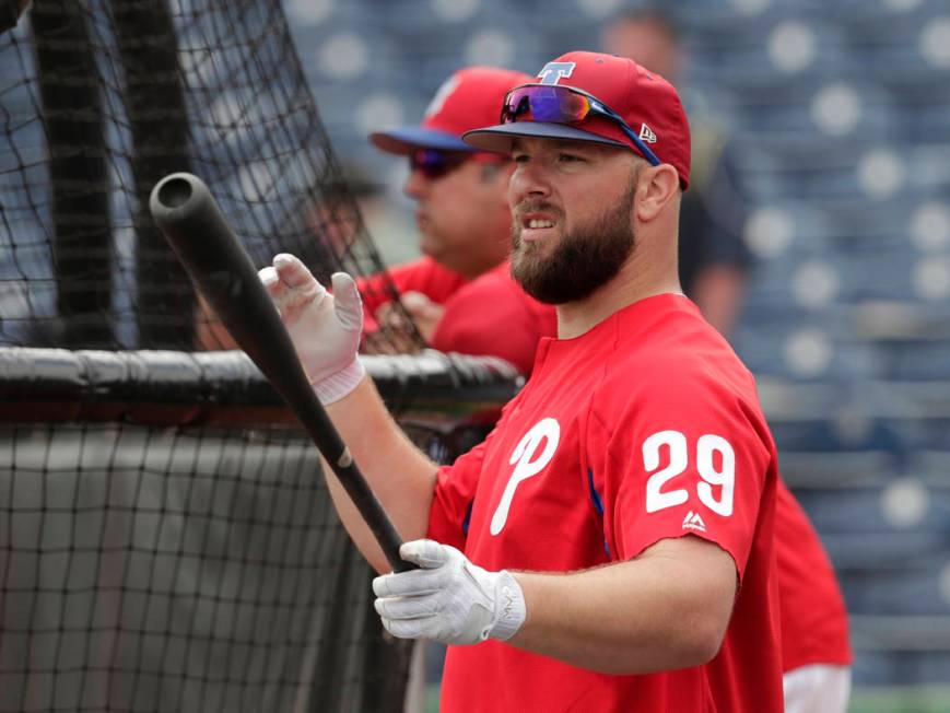 Philadelphia Phillies' Cameron Rupp (29) waits to hit during batting practice before a baseball ...