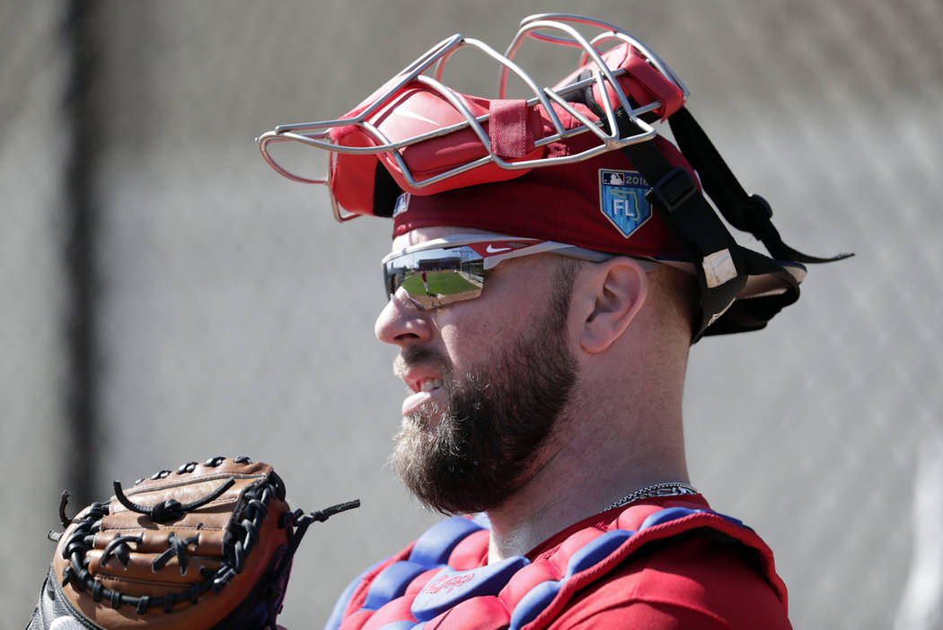 Philadelphia Phillies catcher Cameron Rupp works in the bullpen at baseball spring training cam ...